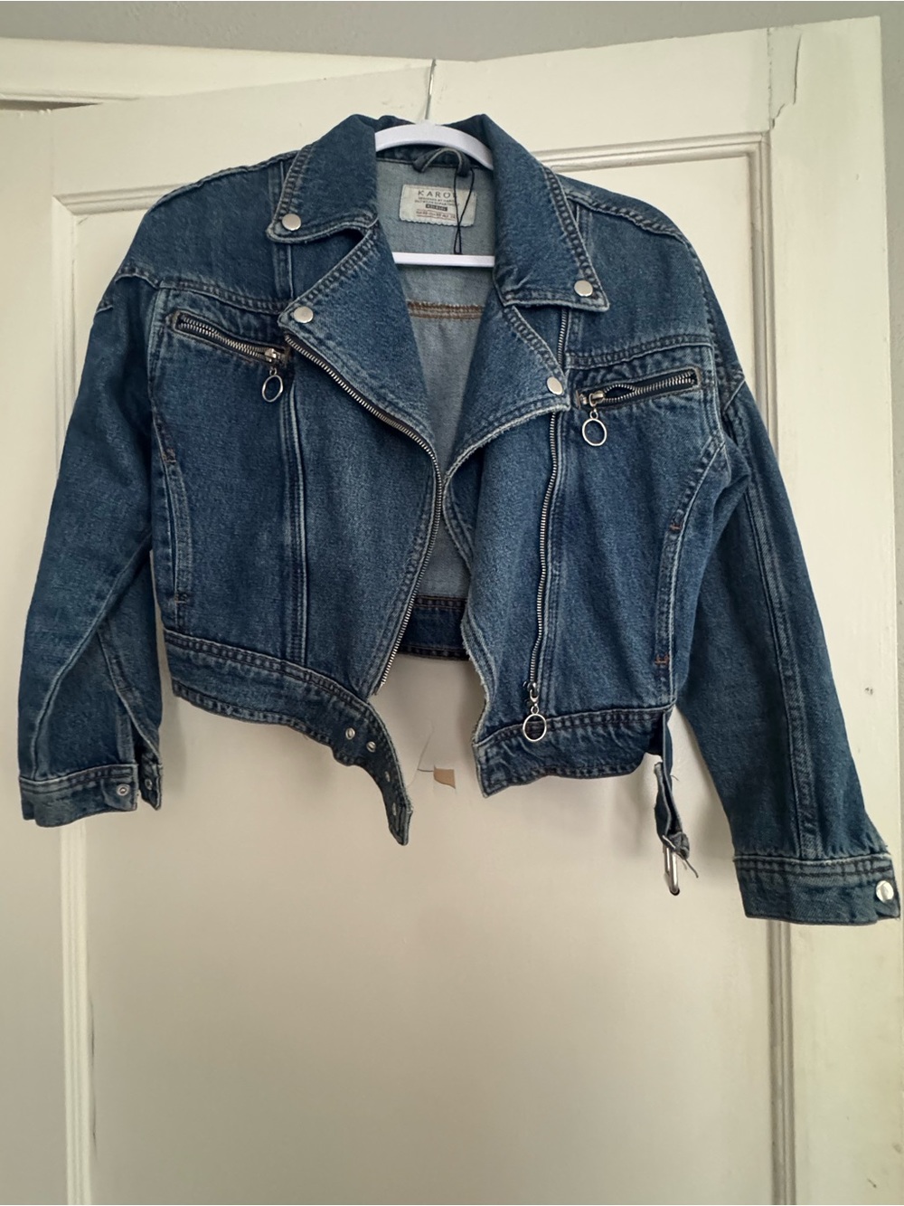 Dark Blue Cropped Denim Moto Jacket